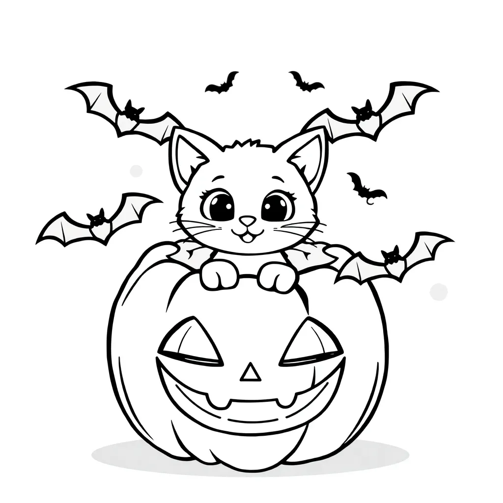 Halloween Pompoen Kat Vleermuizen Cartoonesk coloring page for children