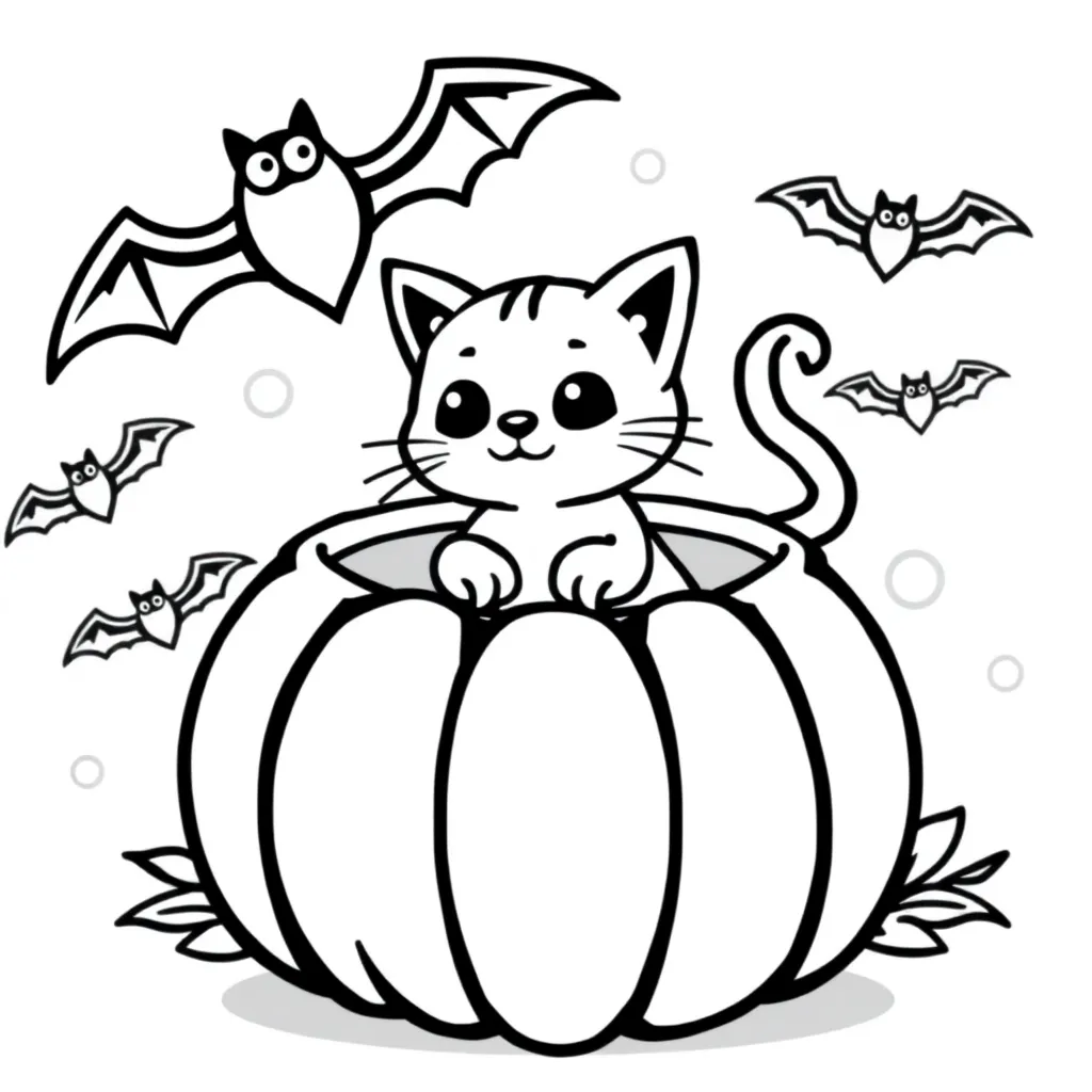 Malvorlage Halloween Kürbis Katze Fledermäuse Cartoon