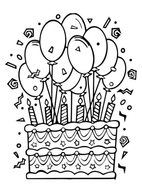 Happy Birthday Torte mit Luftballons coloring page for children