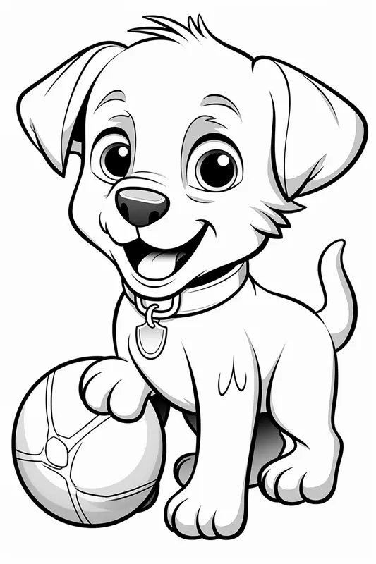 Happy Dog Playing With A Ball coloring page for children