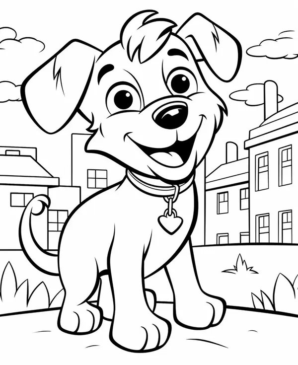 Happy Dog With City Background coloring page for children
