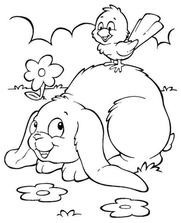 Hase mit Vogel im Garten coloring page for children