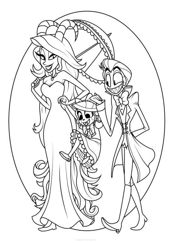 Hazbin Hotel Lilith, Lucifer en baby Charlie coloring page for children