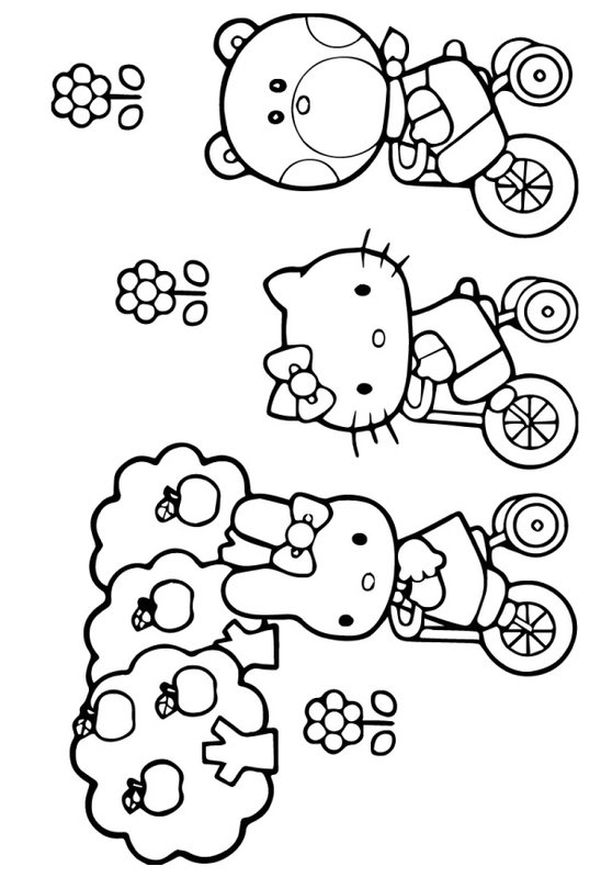 Hello Kitty Cycling Friends coloring page for children
