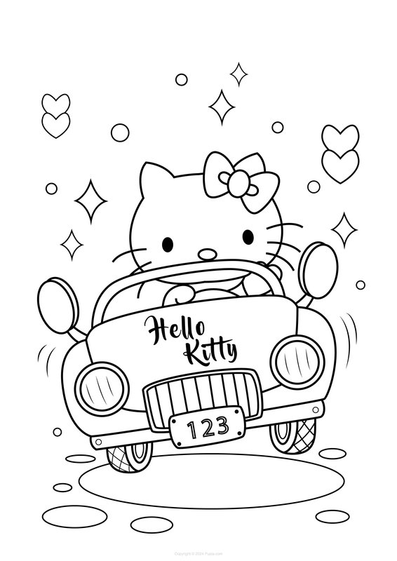 Hello Kitty Driving a Car coloring page for children