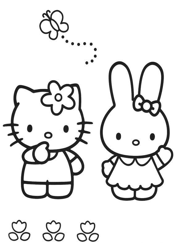 Plantilla de colorear Hello Kitty con amigo y mariposa