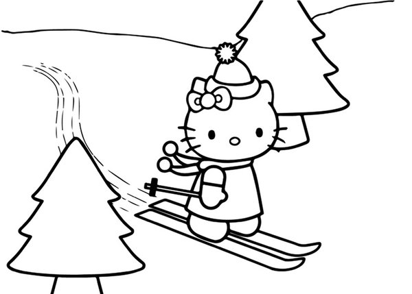 Hello Kitty Skiing Winter coloring page for children