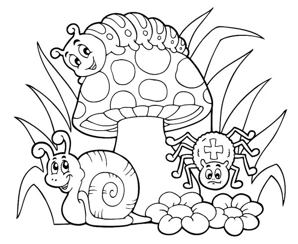 Plantilla de colorear: Hongo, araña, caracol y oruga de otoño