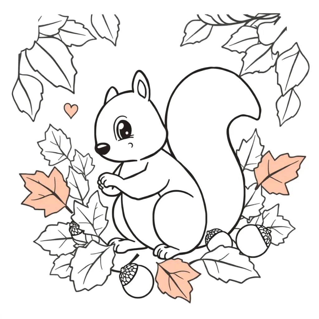 Herfst Eekhoorn Vallende Bladeren Eikels Kinderen coloring page for children