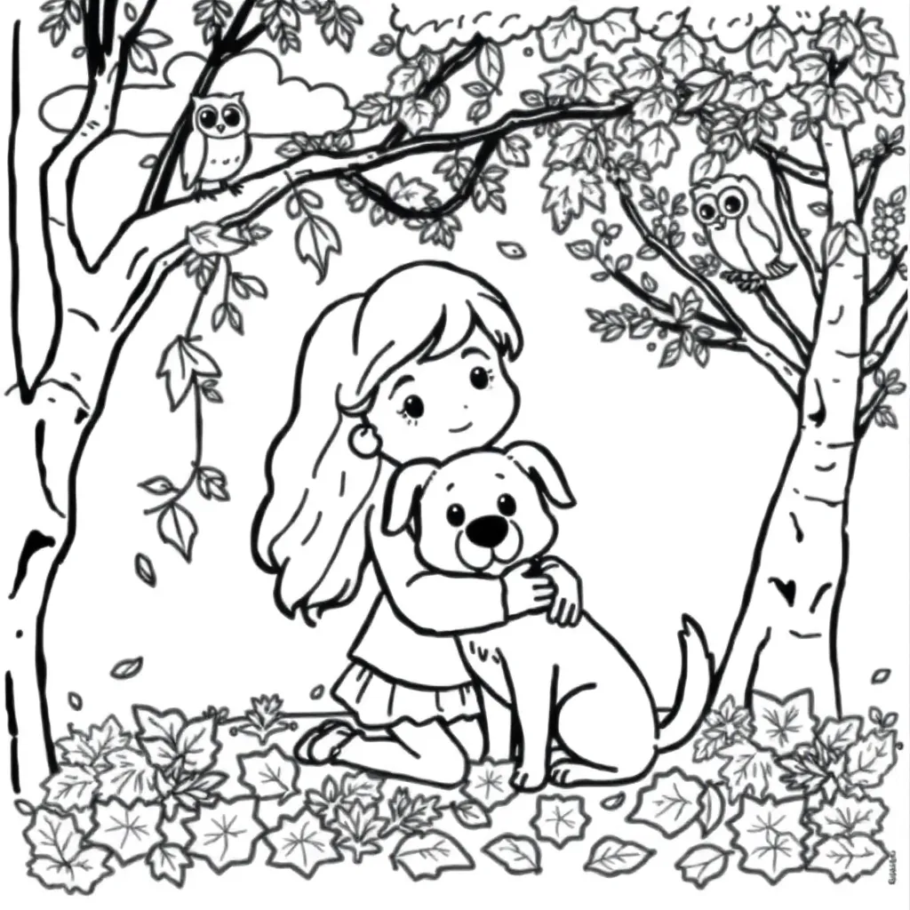 Herfst Meisje Natuur Hond Seizoen coloring page for children