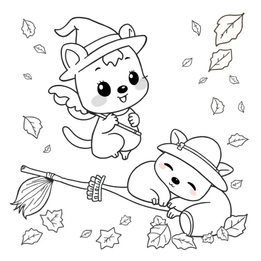 Herfst Schattige Dieren Vliegende Bezem Slapend Dier Vallende Bladeren coloring page for children