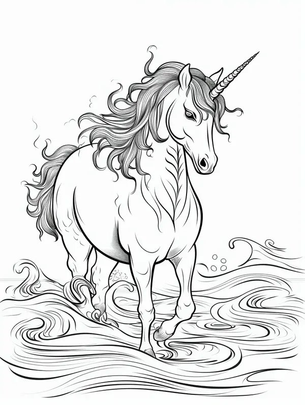 Hermoso Unicornio De Pie En El Agua coloring page for children
