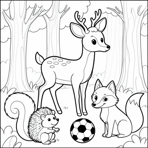 hert eekhoorn egel bos vos voetbal kleurplaat voor kinderen