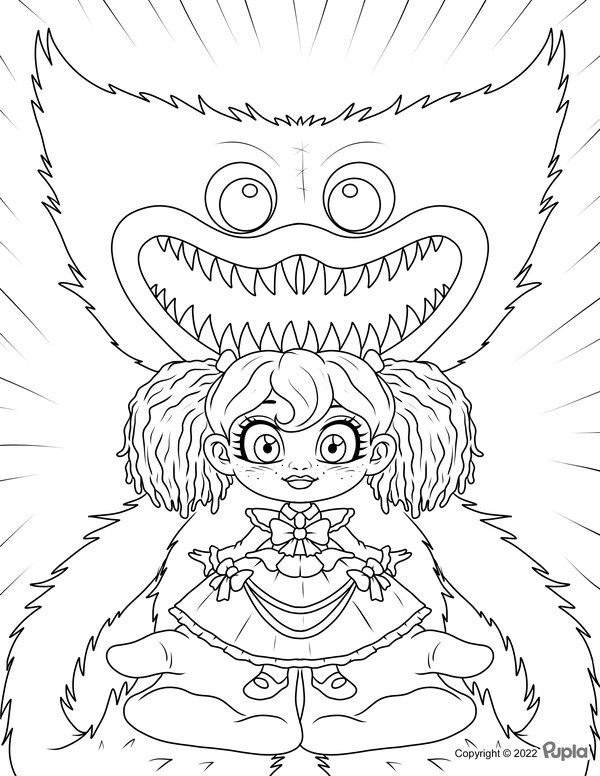 Huggy Wuggy & Cute Girl coloring page for children