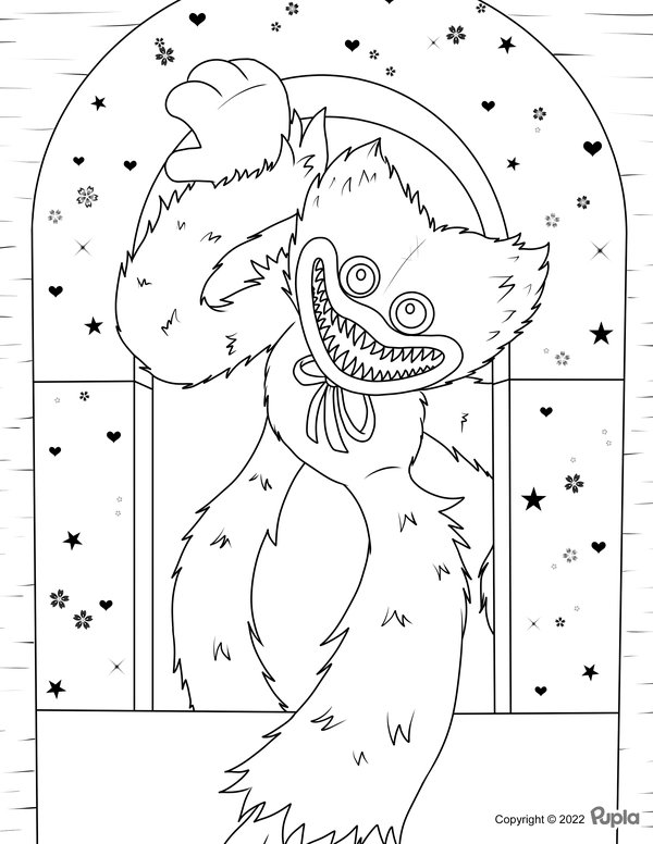 Huggy Wuggy trepando por la puerta coloring page for children