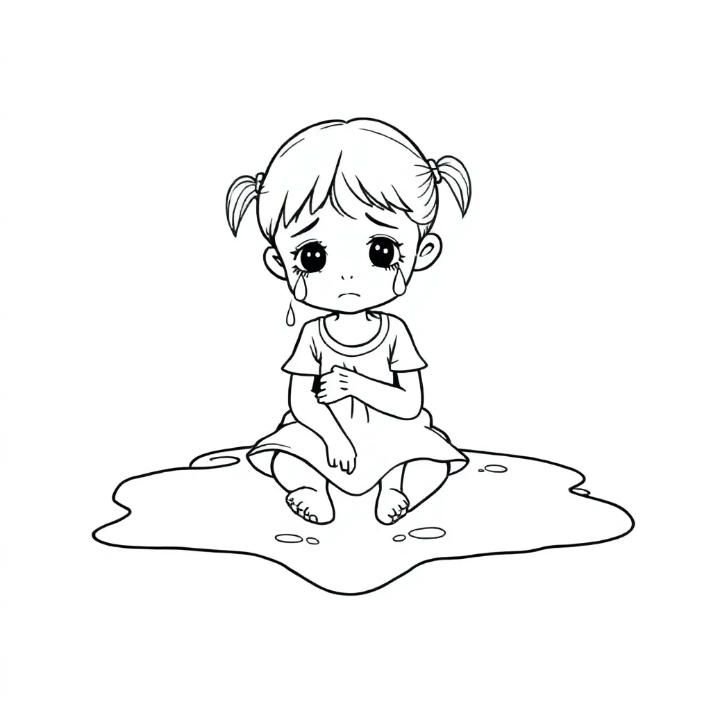 Free Coloring Page: Crying Girl in a Puddle