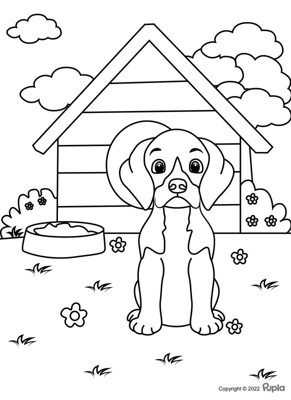 Hund vor der Hundehütte coloring page for children