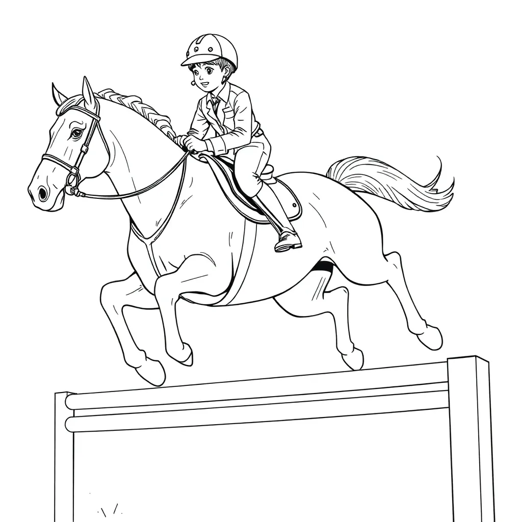 Jongen Op Paard Met Paardrijlaarzen Springend Over Hindernis coloring page for children