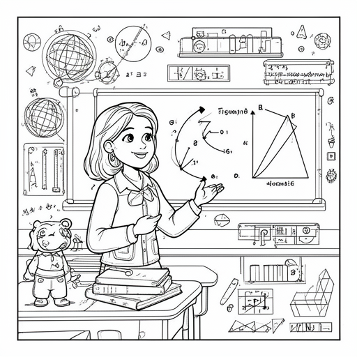 juf wiskunde die uitleg geeft over goniometrie in een klaslokaal kleurplaat voor kinderen