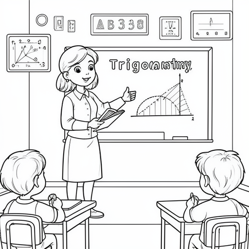 juf wiskunde die uitleg geeft over goniometrie in een klaslokaal kleurplaat voor kinderen