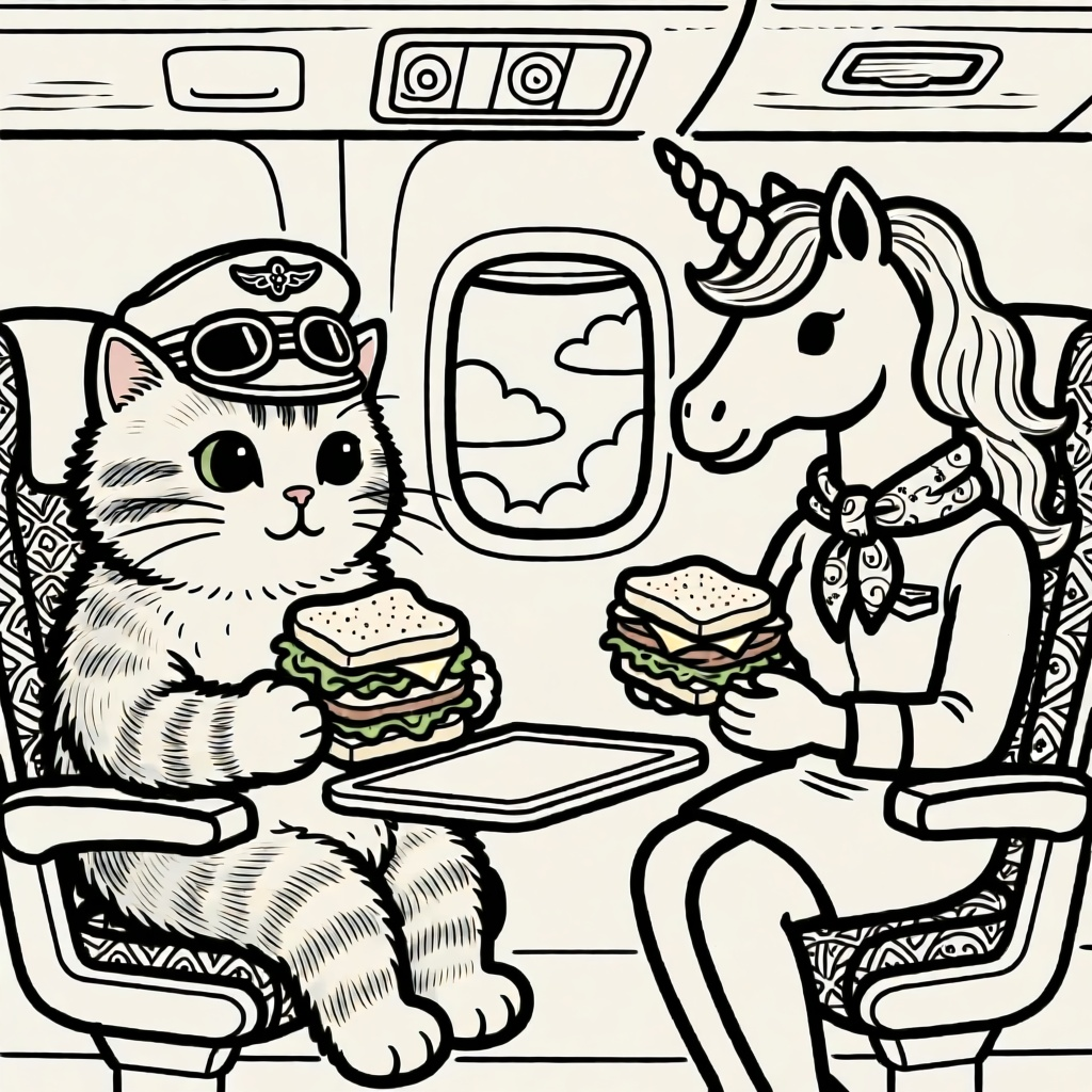 Kat en unicorn in vliegtuig met broodje eten coloring page for children
