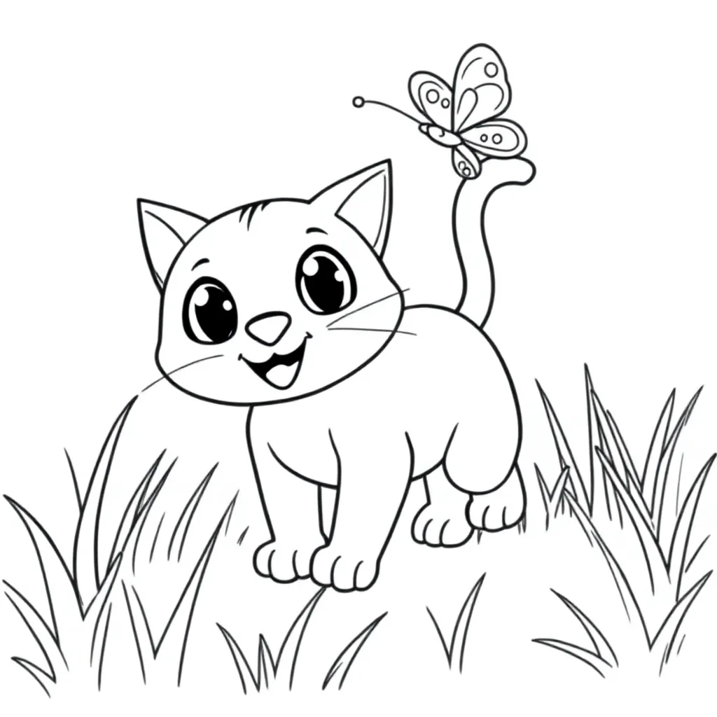 Free Printable Cat Playing in Grass with Butterfly Coloring Page