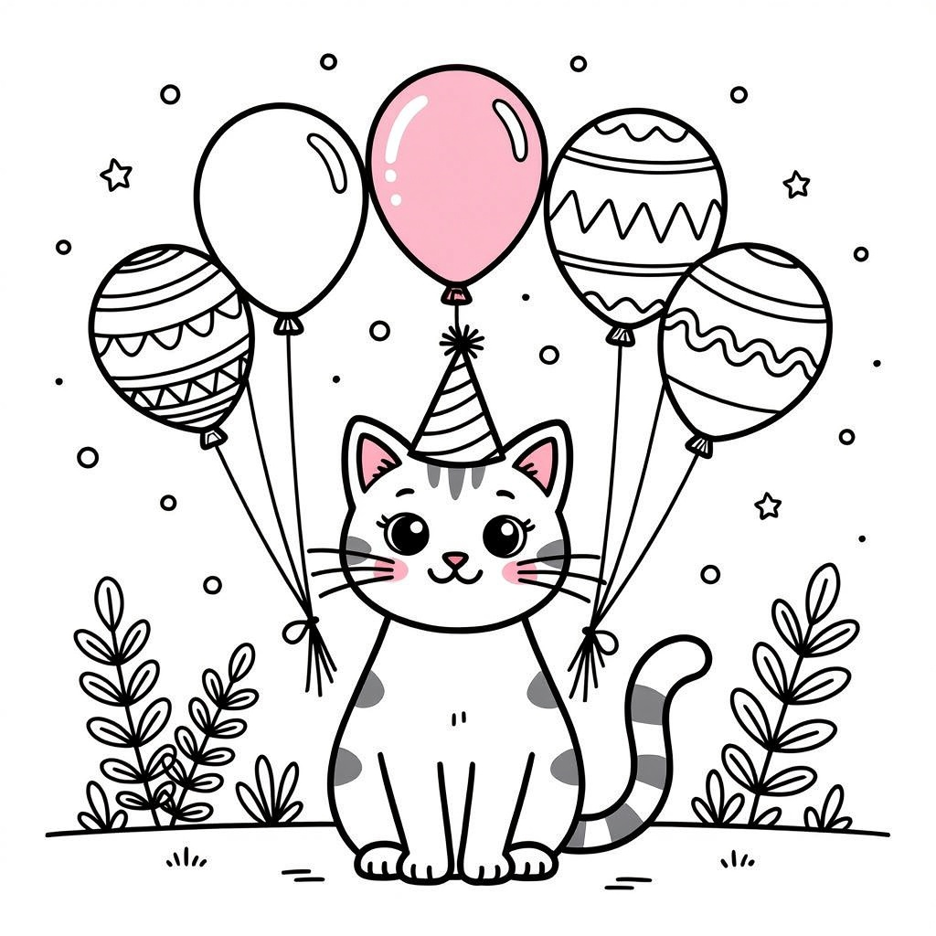 kat met 6 en feesthoedje coloring page for children