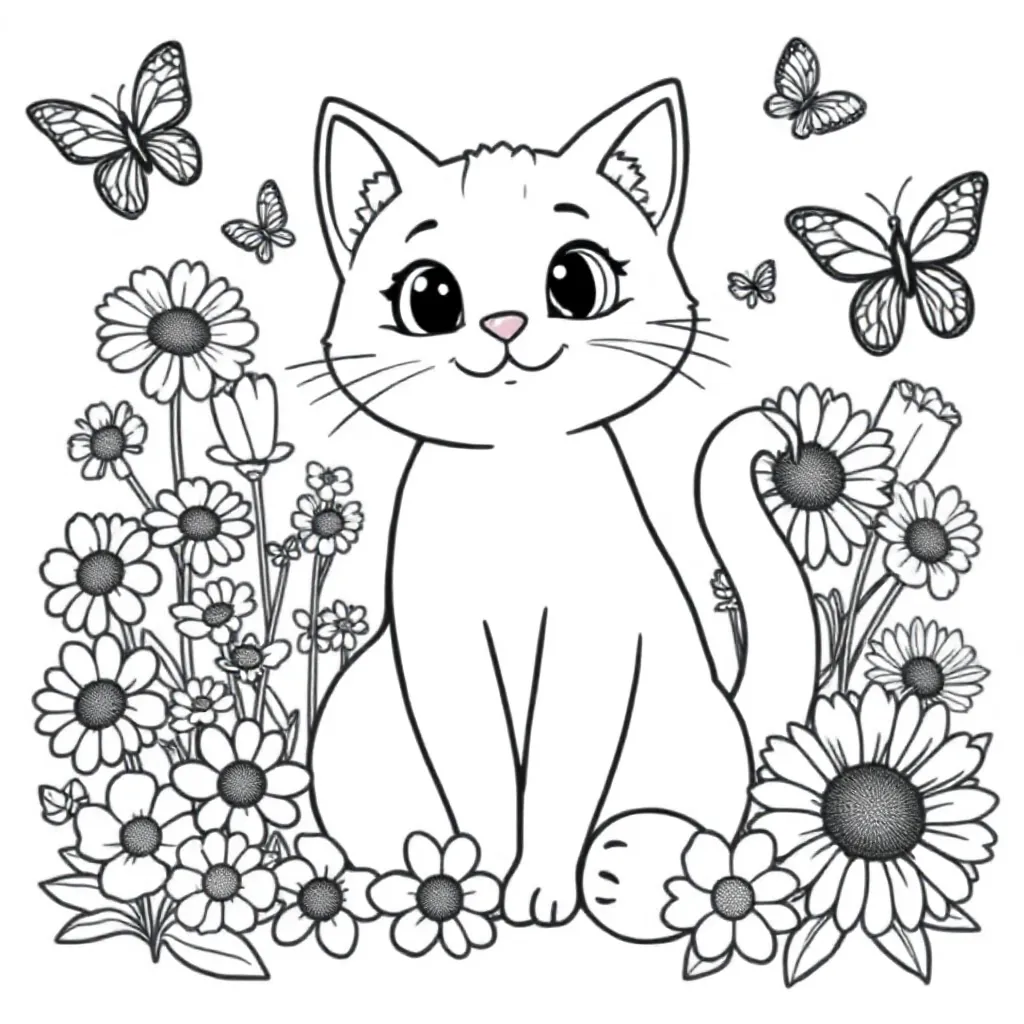 Kat Met Daar Rond Bloemetjes En Vlinders coloring page for children