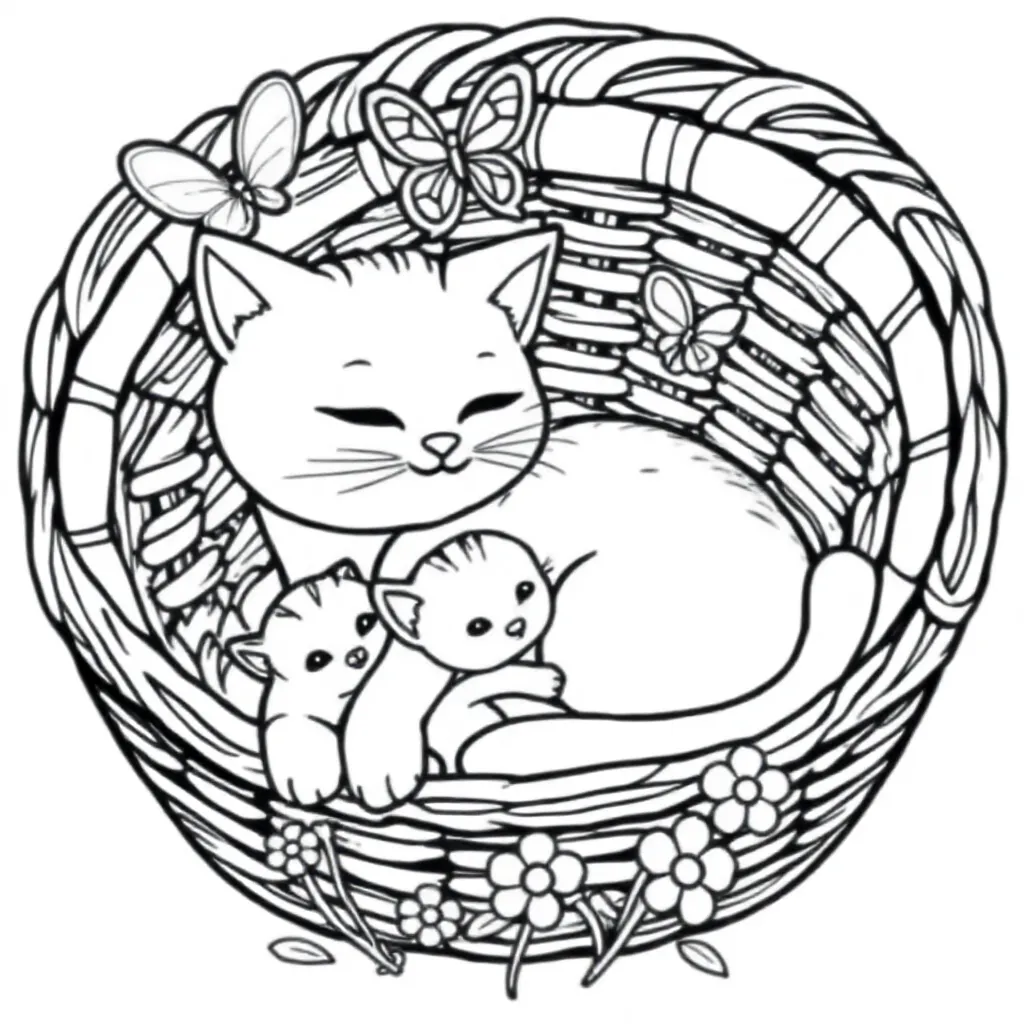 Coloring page of a cat with kittens in a basket for children