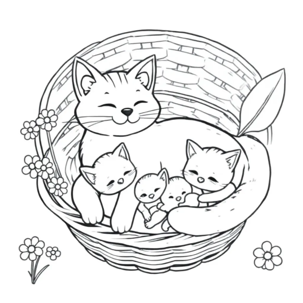 Coloring page of a cat with kittens in a basket for children