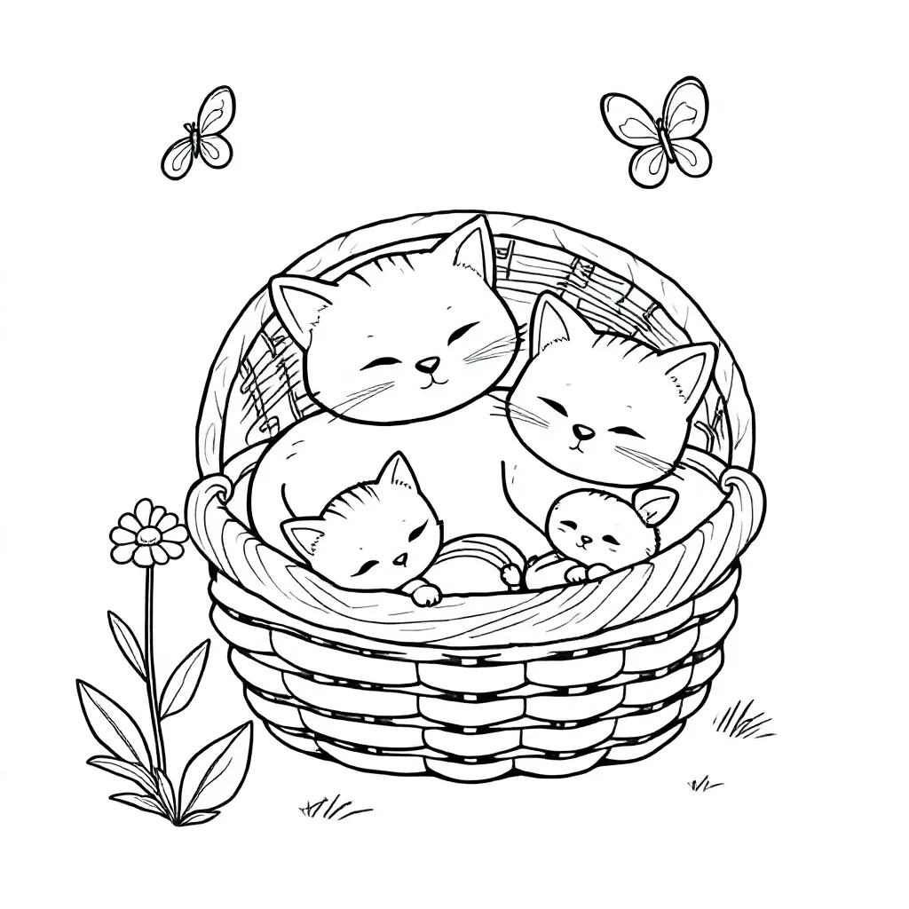 Cat with kitten and kitten in basket coloring page for kids