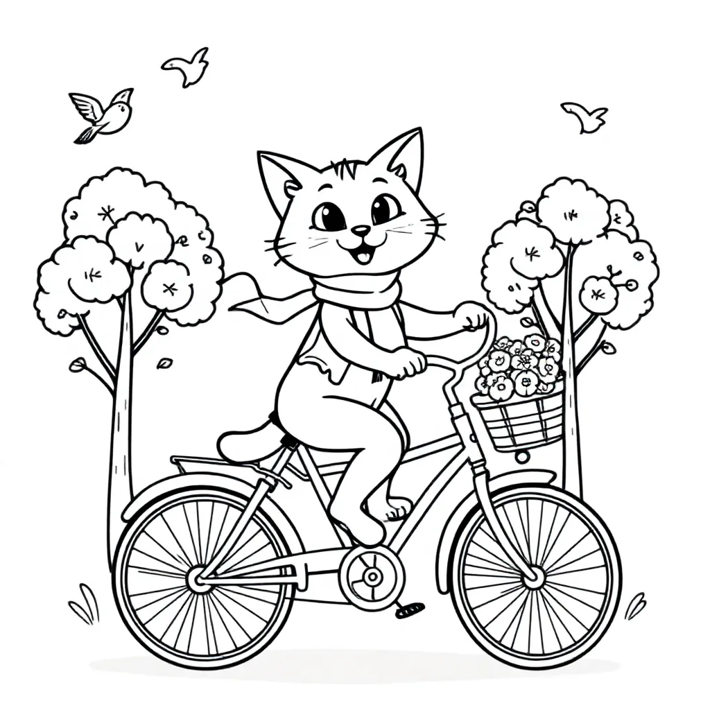 Kat Op Een Fiets coloring page for children