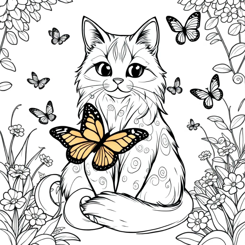 Plantilla de Coloreado Gato, Mariposas Plantilla de Coloreado para Niños