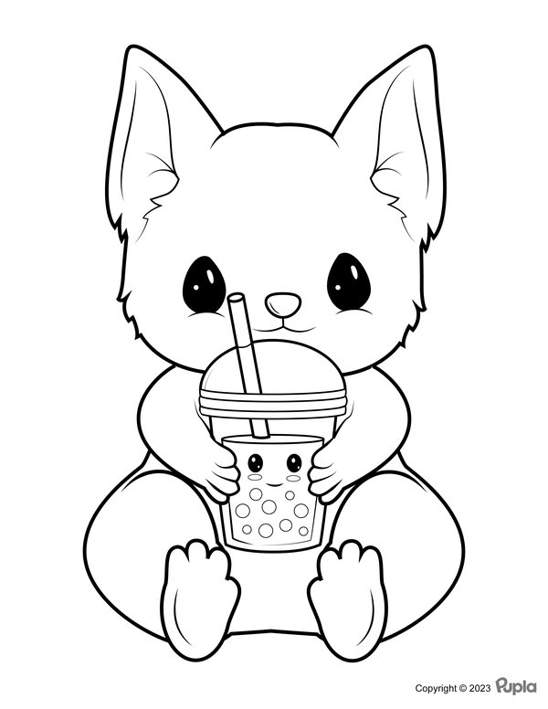 Coloring Page Katze Holds a Bubble Tea