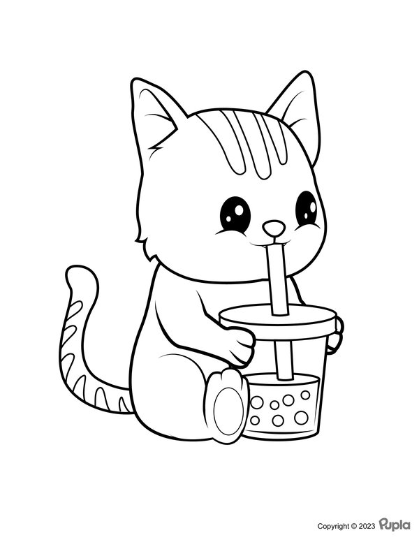 Katze trinkt Bubble Tea coloring page for children