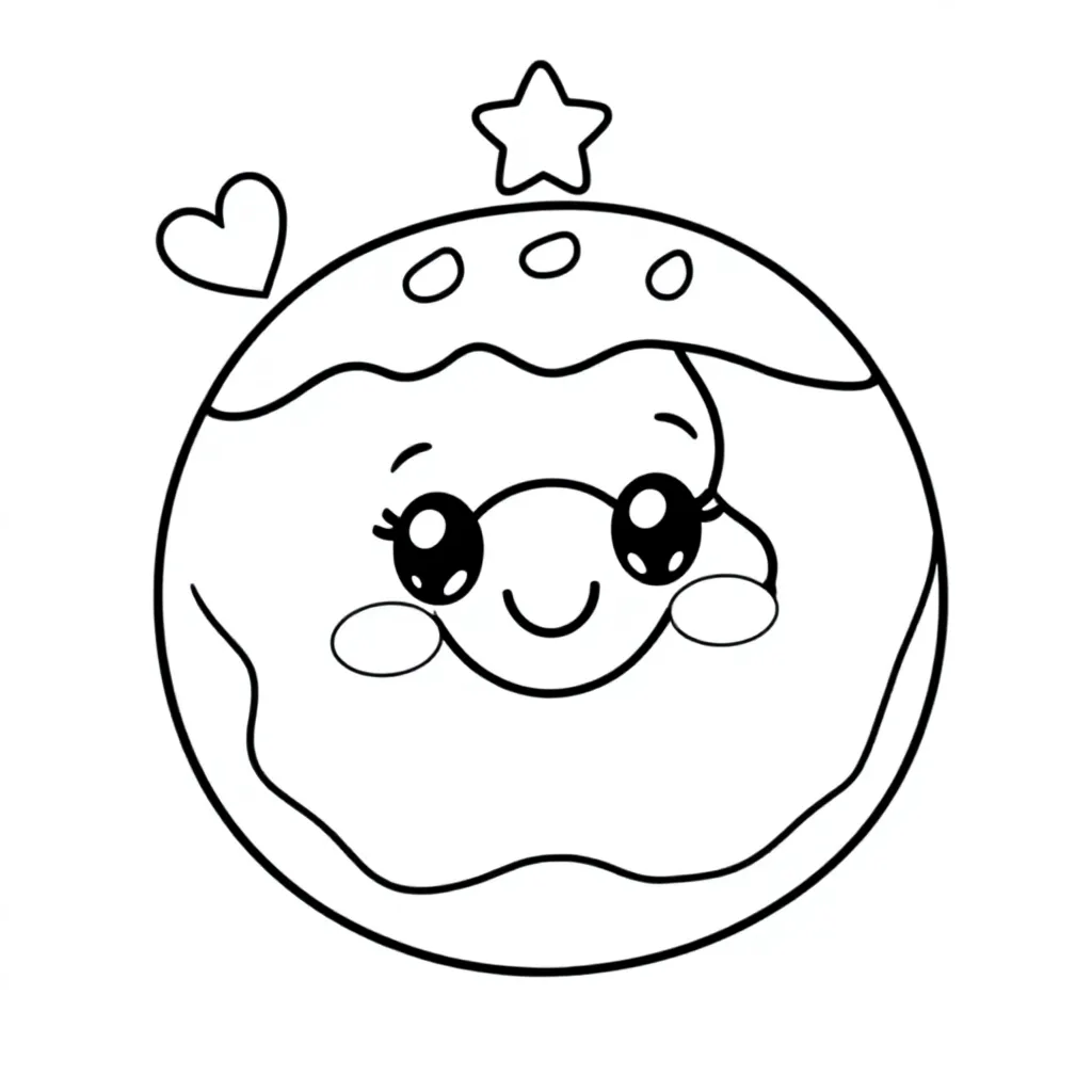 Cute, anthropomorphic donut expression, central coloring page for kids.