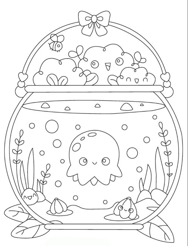 Kawaii Fishbowl coloring page for children