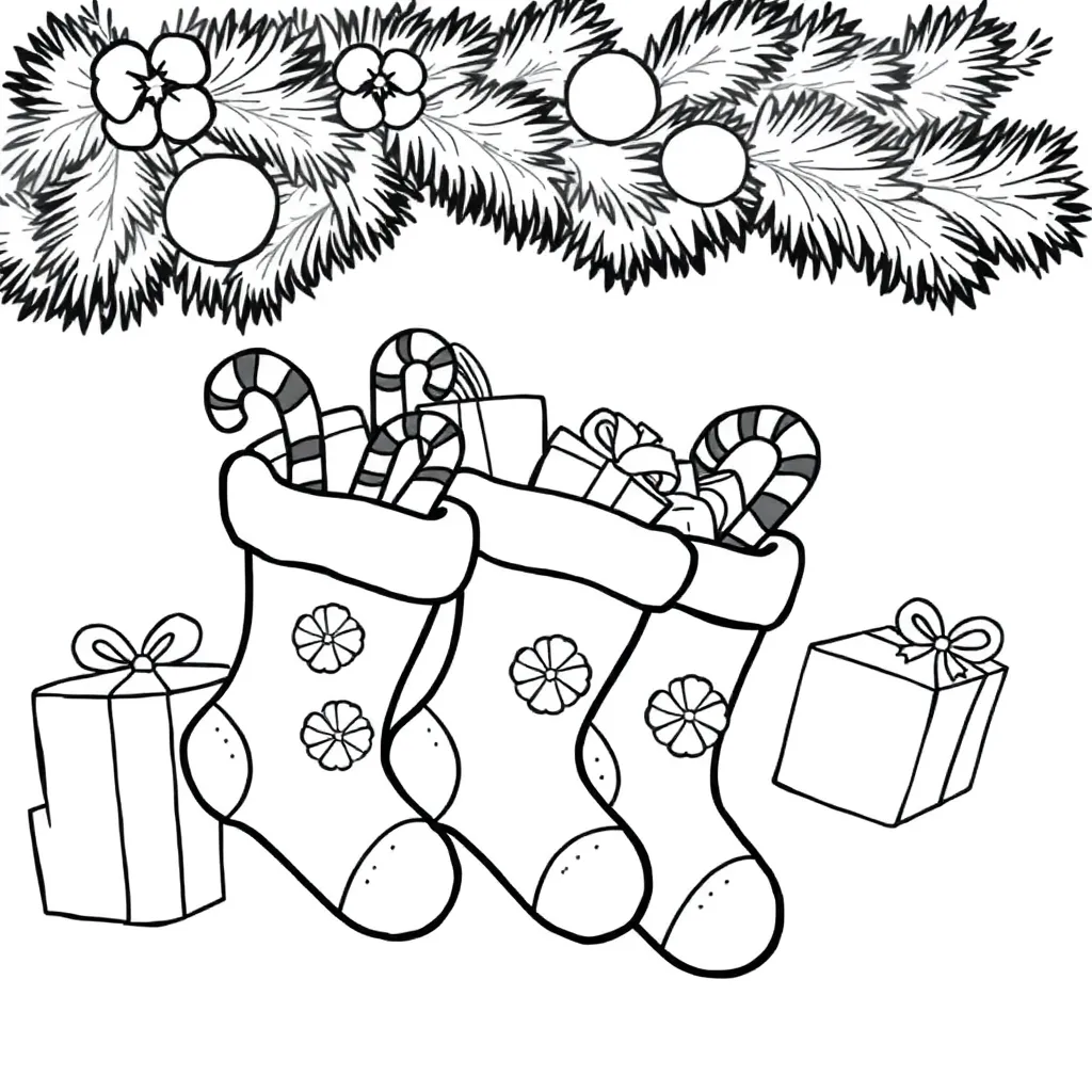 Plantilla de colorear gratis de Navidad, Festiva, Regalos, Paletas, Calcetines de Navidad