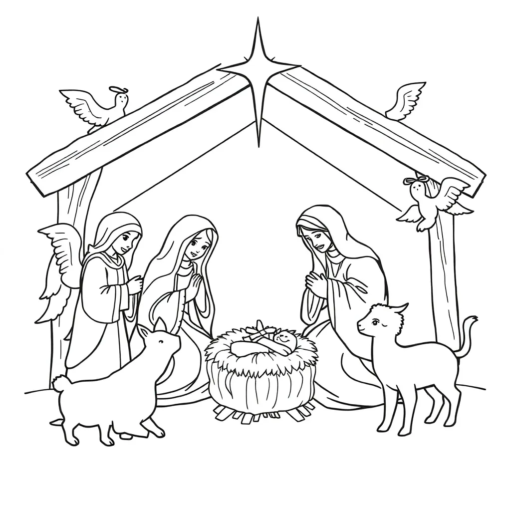 Plantilla de colorear gratuita de Navidad, Nacimiento de Jesús, Escena de la Natividad, Religioso, Educativo