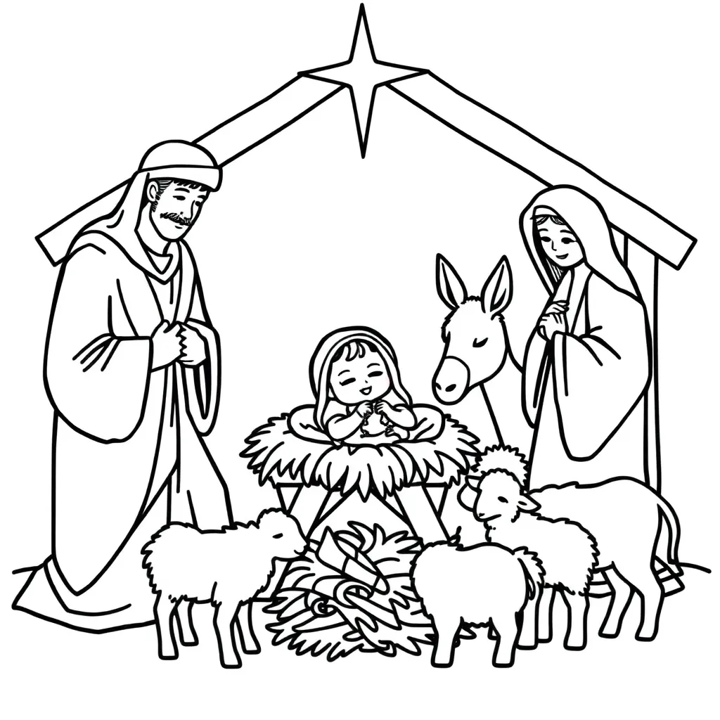 Plantilla de colorear gratis Navidad, Pesebre, Nacimiento de Jesús, Religioso, Ambiente navideño