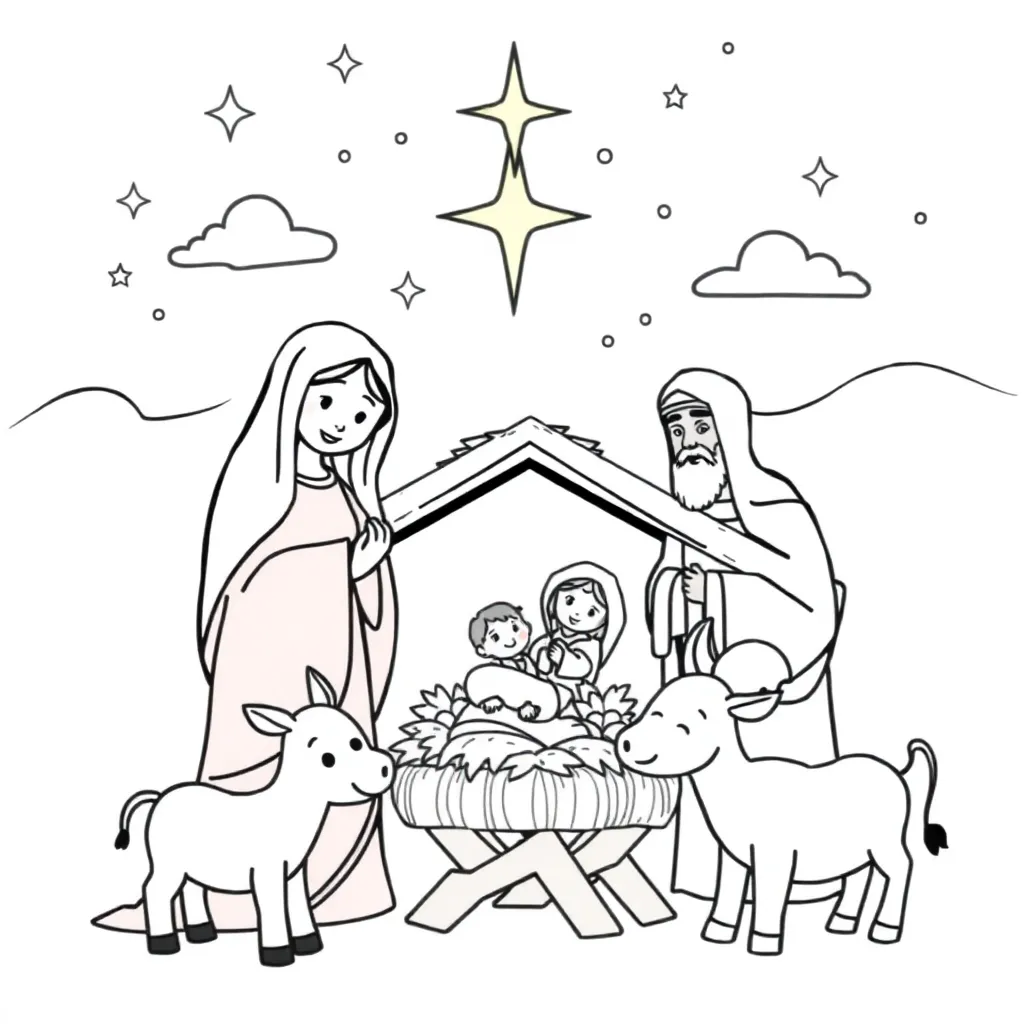 Plantilla de Coloreado Gratis de Navidad, Escena de la Natividad, Tradicional, de Dibujos Animados, Educativa