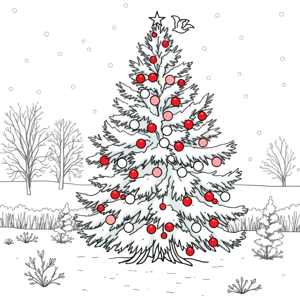 Kerstboom In Sneeuw Feestelijke Decoratie Winterlandschap Kerstsfeer coloring page for children