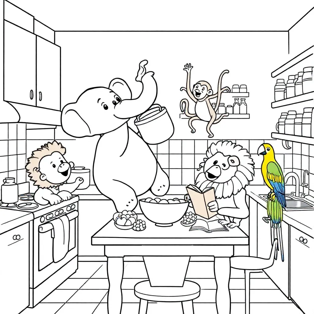 Keuken Met Dierentuindieren coloring page for children