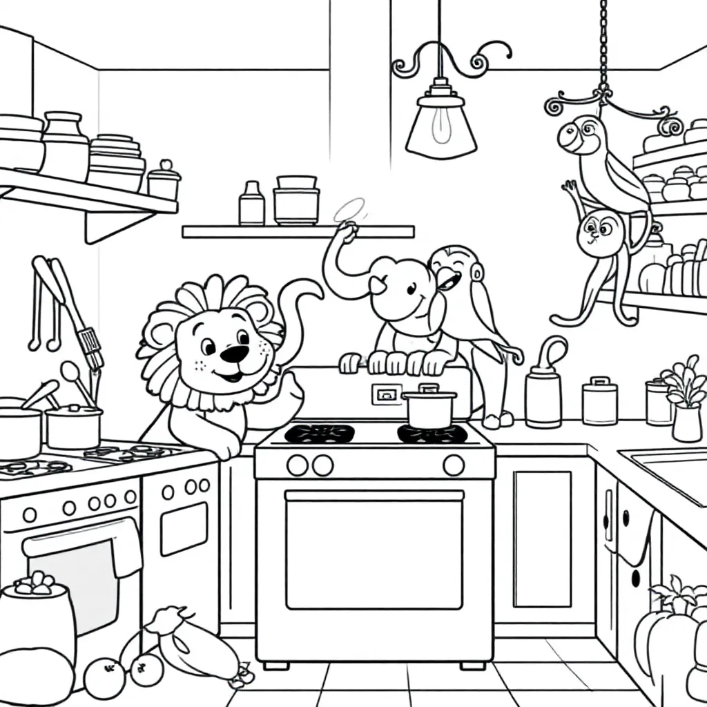 Keuken Met Een Leeuw Olifant Papagaai En Een Aap coloring page for children