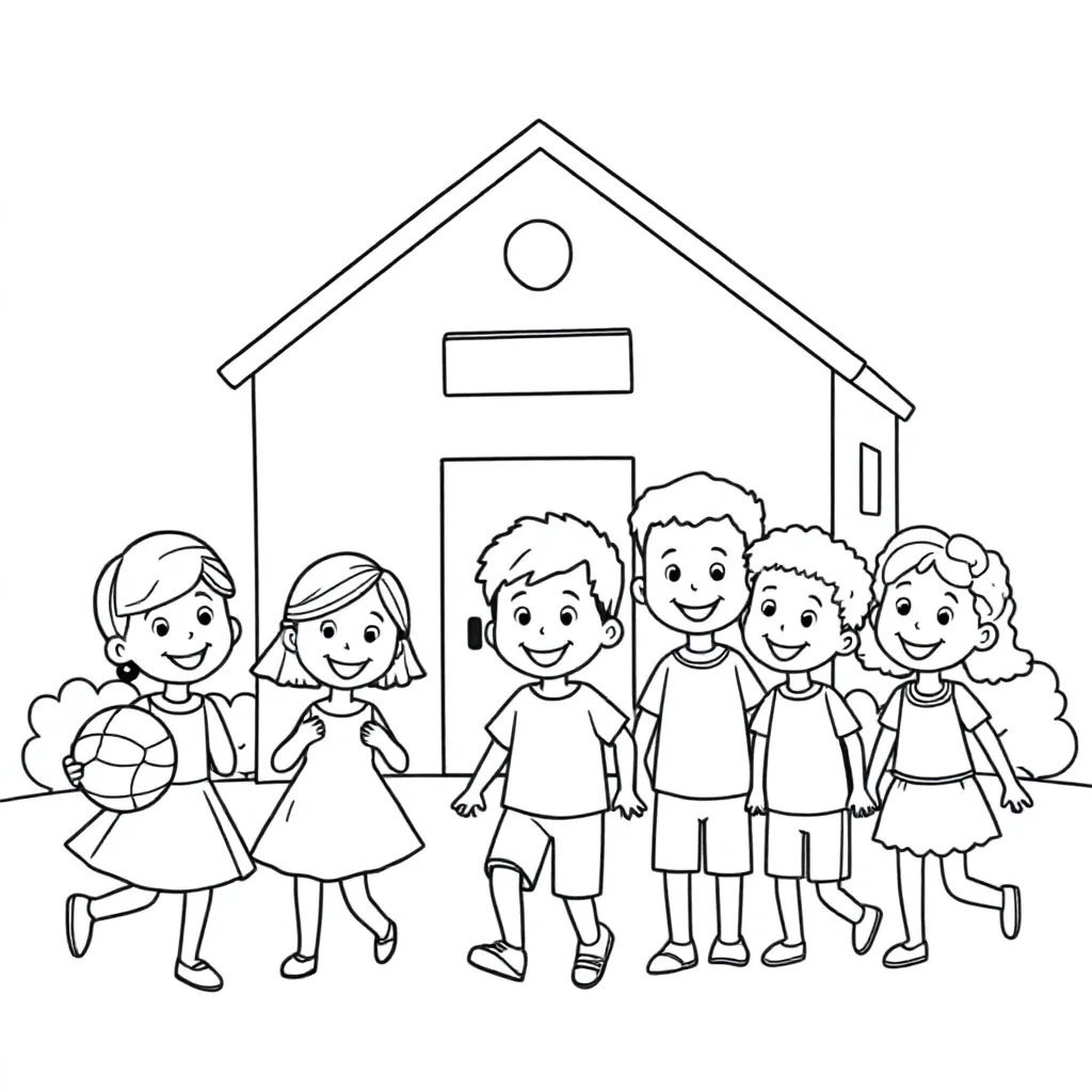 kids from several country near a school building die play together coloring page for children