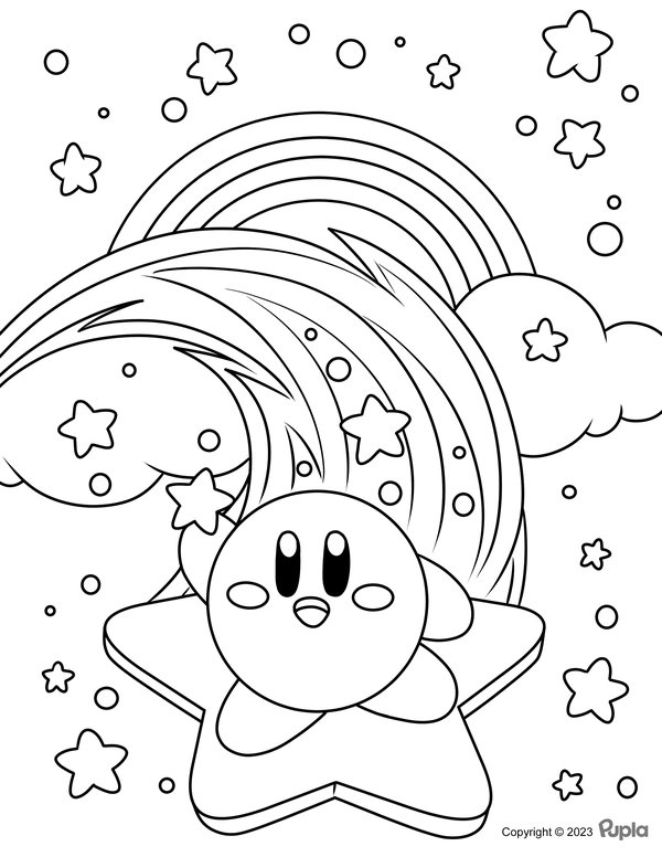 Kirby Volando Sobre Una Estrella coloring page for children