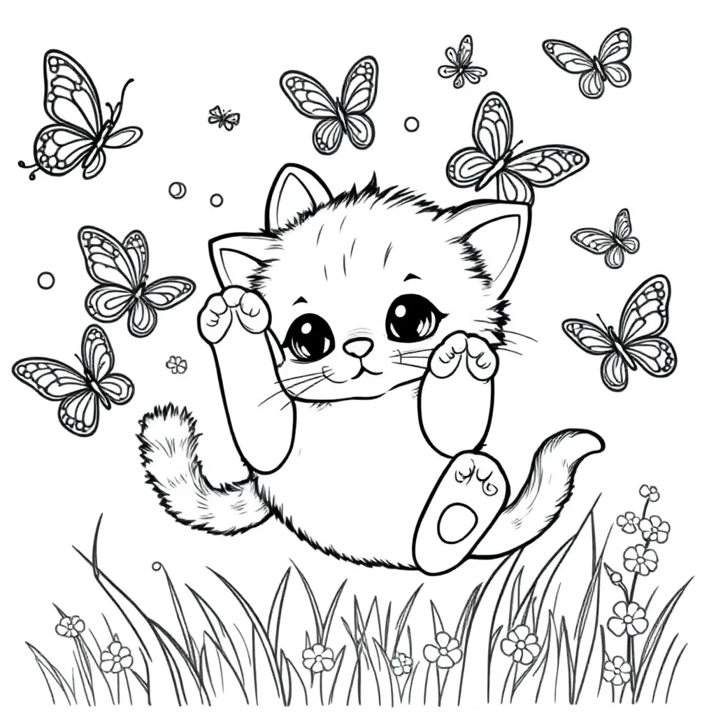Kitten Met Vliegende Vlinders coloring page for children