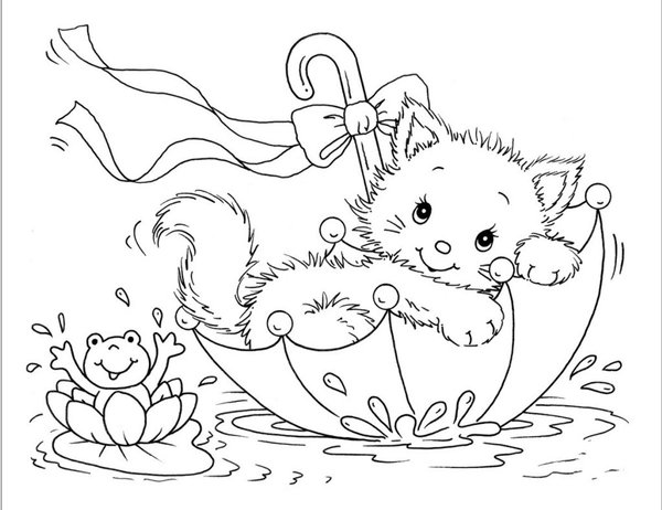 Kitten Paraplu coloring page for children