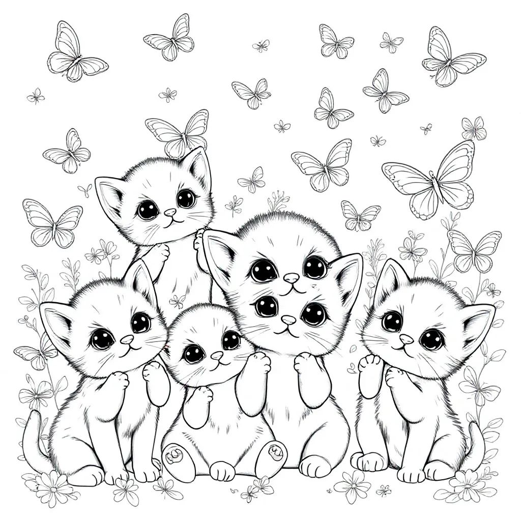 Kittens Met Vliegende Vlinders coloring page for children