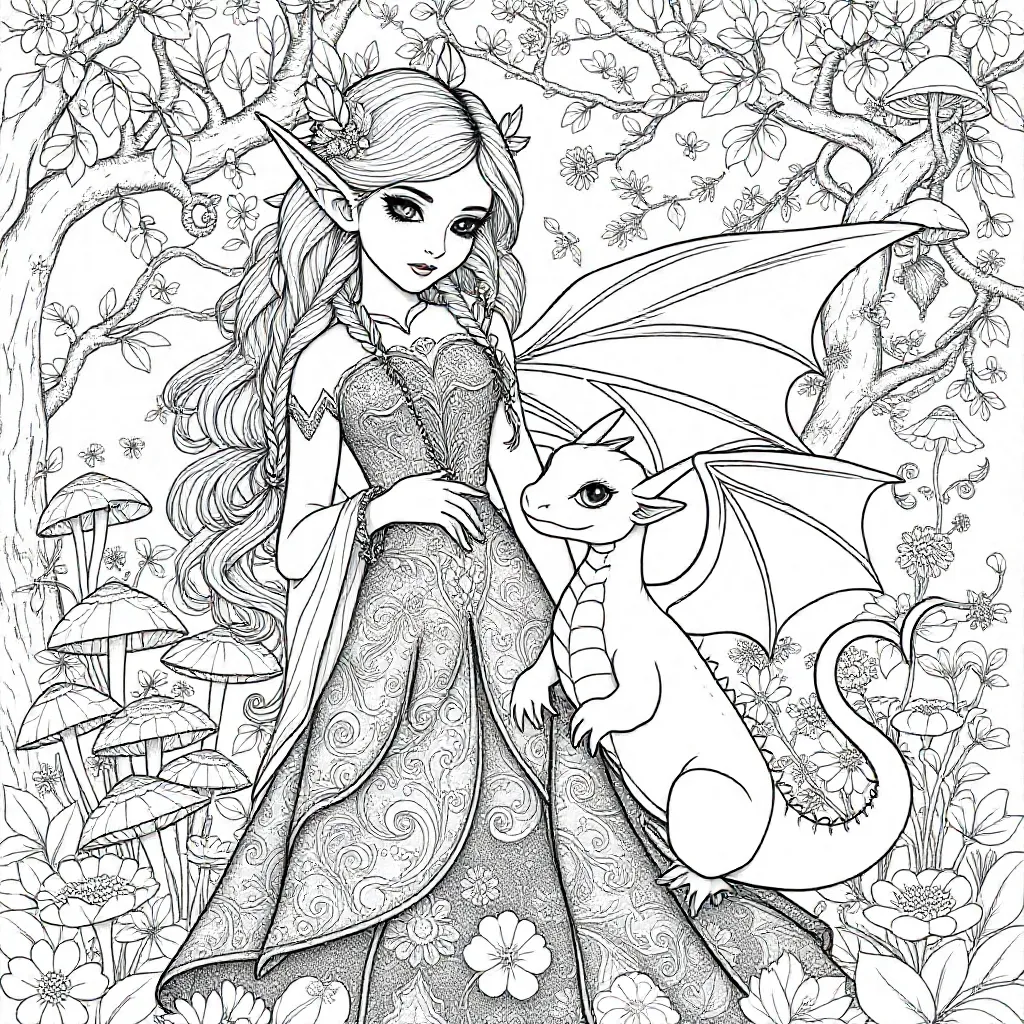 Plantilla de colorear Gratis plantilla de colorear hada Anne Stokes con dragón adorable.